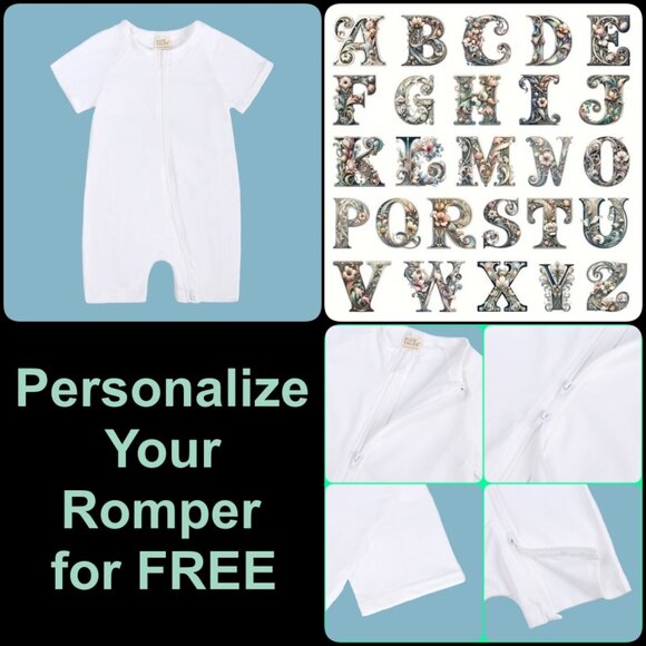 *MONOGRAM* BABY ROMPER-NWT Short Sleeve Short Bodysuit Double Zip Cotton White - Picture 1 of 16